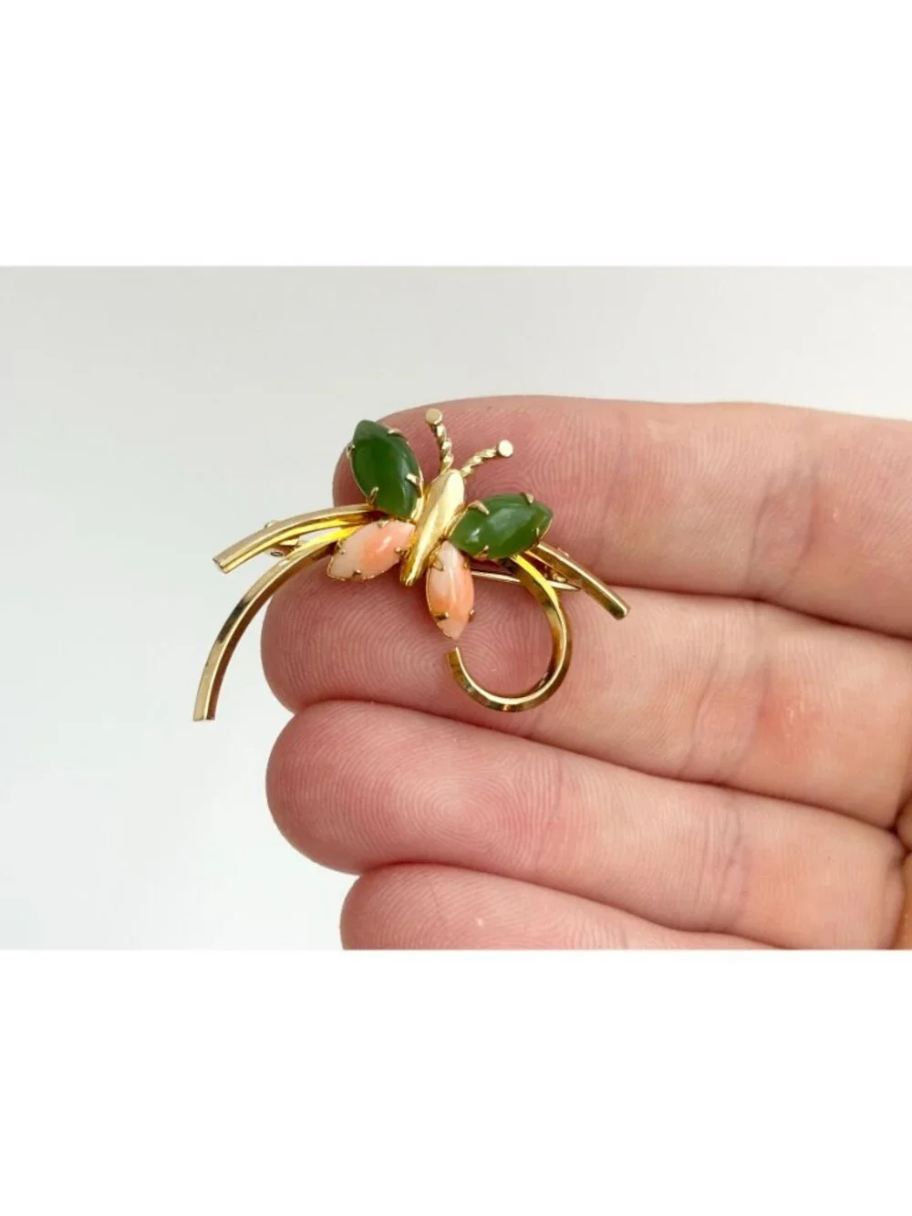 12k Gold Filled Carl Art Butterfly Figural Coral & Jade Vintage Brooch Pin